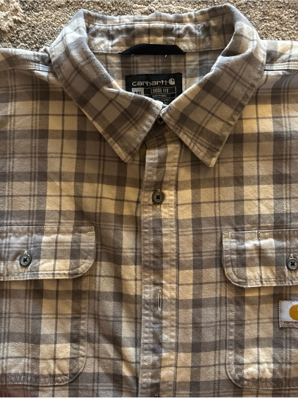 Carhartt Men's Plaid Button-Down Shirt in Tan and Gray